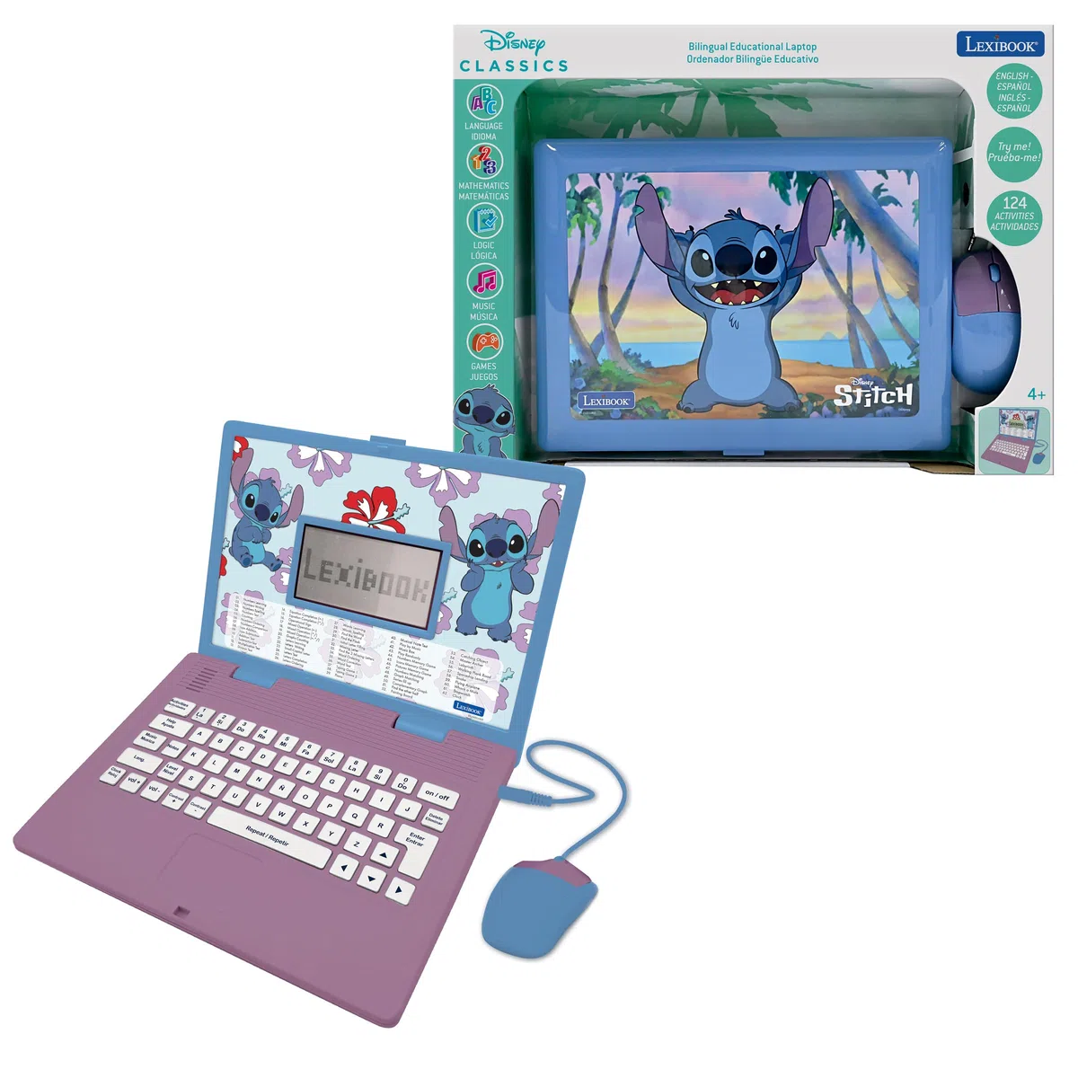 Lexibook, Disney Stitch JC598Di2LXB Ordinateur Portable éducatif bilingue Anglais/Espagnol, 124 activités de Langue, écriture, mathématiques, logique, Musique et Jeux pour Enfants