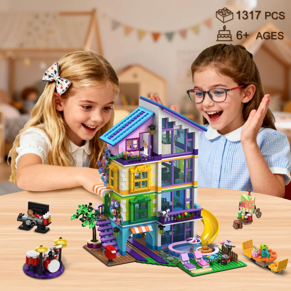 CUBIMANA Friends Maison de Filles avec Lumière LED pour Enfant de 6+ Ans | Kit de Construction Fille avec Voiture et Piscine, 1317PCS Maison Jeu de Rôle, Cadeau Noël Anniversaire pour Fille Garçon