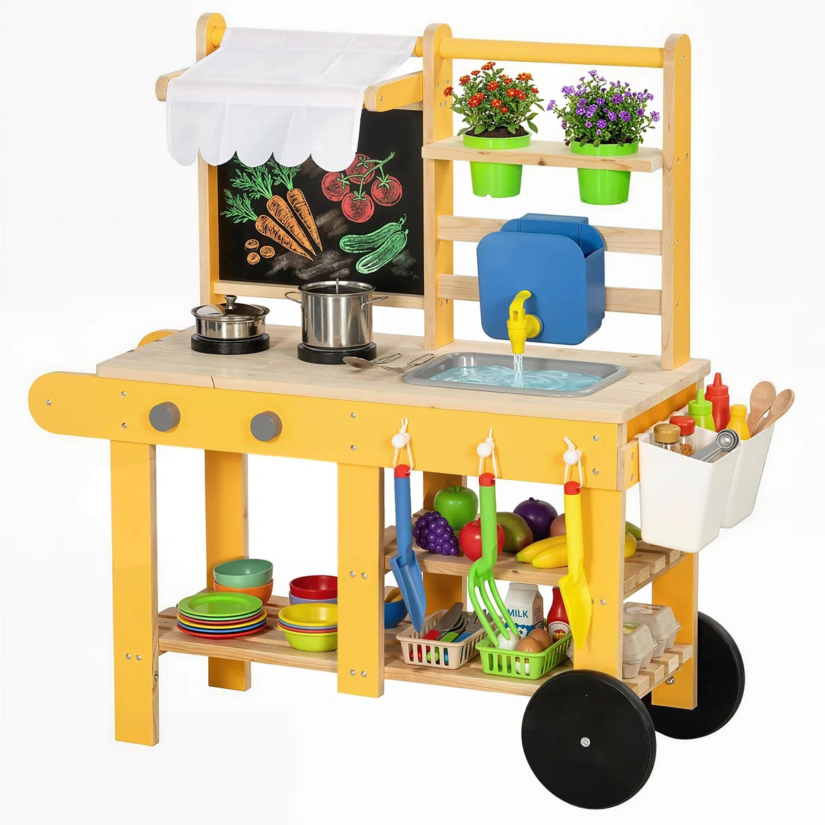 AIYAPLAY Cuisine Enfant en Bois avec roulettes, Cuisine Enfant Exterieur avec Eau Courante, Évier, Plaque de Cuisson, Étagère de Rangement, Pots de Plantation, Tableau, 15 Accessoires, Jaune