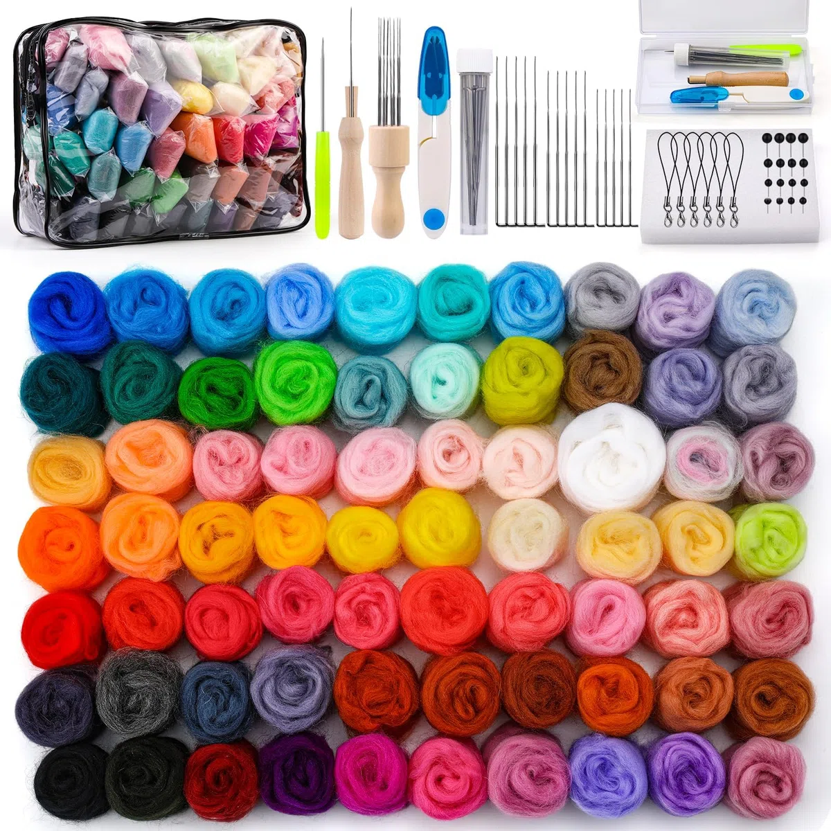 SOCNITC Kit de feutrage à l'aiguille de 70 couleurs pour débutants, aiguilles de feutrage en laine avec outils de feutrage à l'aiguille pour loisirs créatifs, décoration artisanale