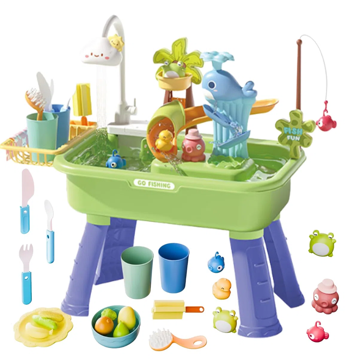 Générique Tables d'eau D'extérieur pour Enfant - Ensemble De Jeu De Pêche 4-en-1 avec Pompe Et Eau Courante pour Garçons Et Filles De 4 À 8 Ans, Jeux D'extérieur, Piscine, Anniversaire, Cadeau