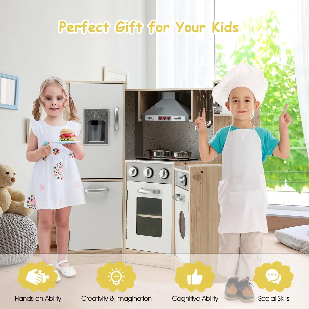 HOMASIS Cuisine pour Enfants en Bois avec Lumière et Son - Set de Jeu avec Lavabo, Cuisinière, Four et Accessoires - Cuisine d'Angle