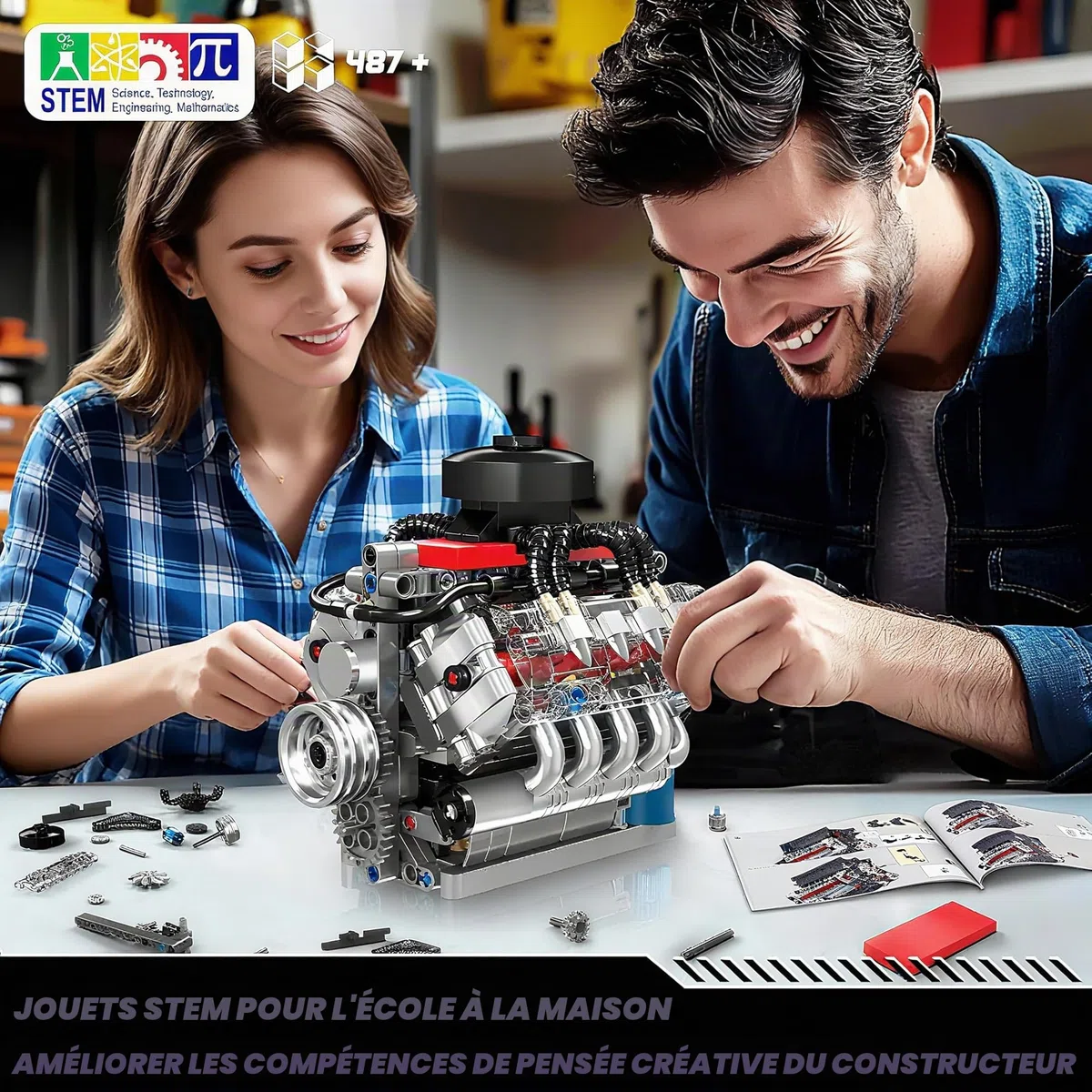 Mould King 10171 Technique Supercar V8 Moteur Blocs de Construction 487 pièces Moteur 8 cylindres Kit de Construction Modèle Jouet Cadeau Objets de Collection pour garçons et Filles