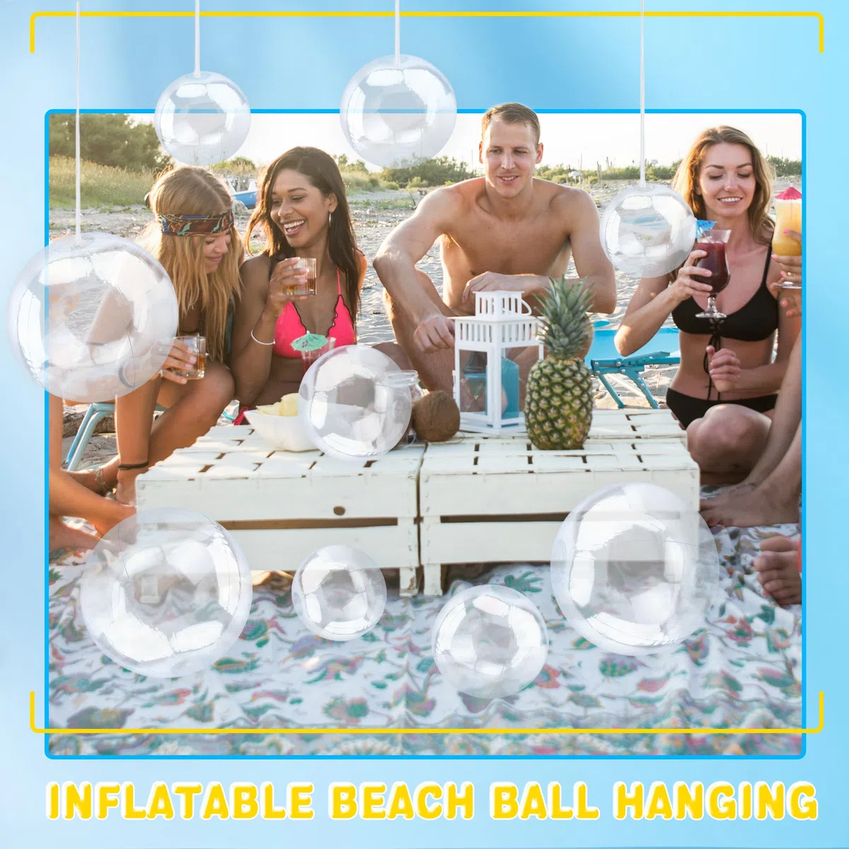 Lot de 30 balles de plage gonflables transparentes de 20,3 cm, 30,5 cm, 40,6 cm avec corde de suspension pour l'été, la piscine, les fêtes