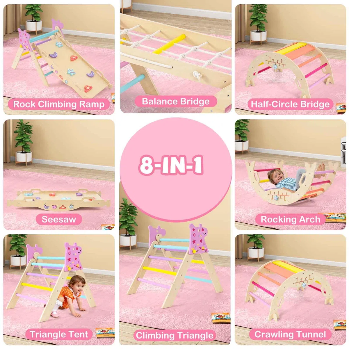 HOMASIS 4 en 1 Triangle à Grimper Montessori, Cadre d'escalade avec Arche, Rampe, Corde & Échelle, Aire de Jeux Éducative pour Enfants 3 Ans+ (Licorne, Couleur)