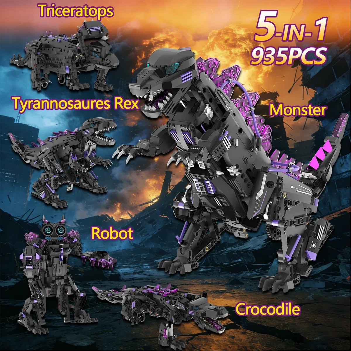 Kit De Construction Robot Dinosaure Avec Télécommandé, Kit De Blocs Jouet Robot Dinosaure Transformable 5-En-1 STEM Programmable Et APP, Pour Enfants 8 Ans+, Modèles Tricératops Et Ptérosaure