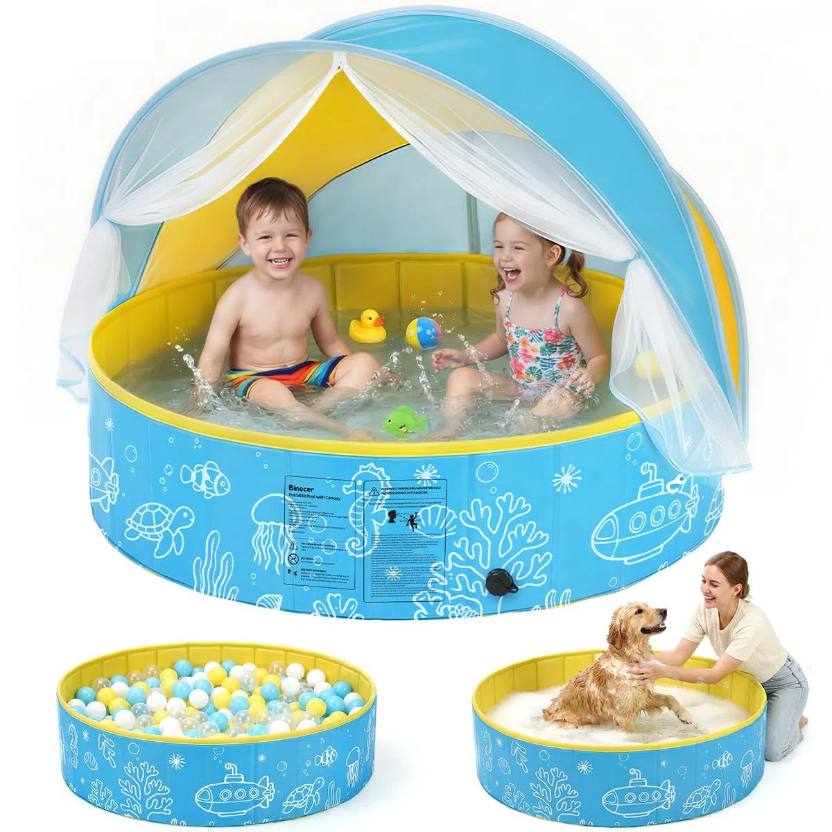 Piscine Pliable pour Enfants avec Toit Pare-Soleil et moustiquaire, Montage Rapide – 3-en-1 Piscine Portable pour bébé avec Ventilation, INCL. Sac de Transport pour Plage, Jardin, Camping et Voyages