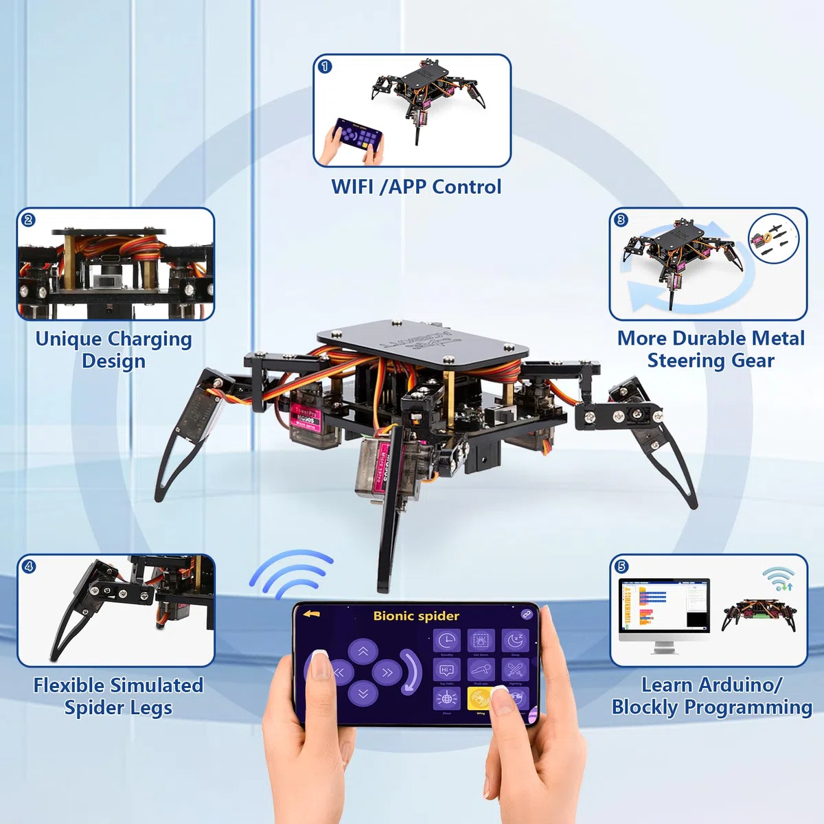 ACEBOTT Quadruped Bionic Spider Robot, Kit d'apprentissage STEM QD020, Noir, Contrôle par Application, Robot Programmable pour Enfants 8+ Ans, avec Batterie 18650