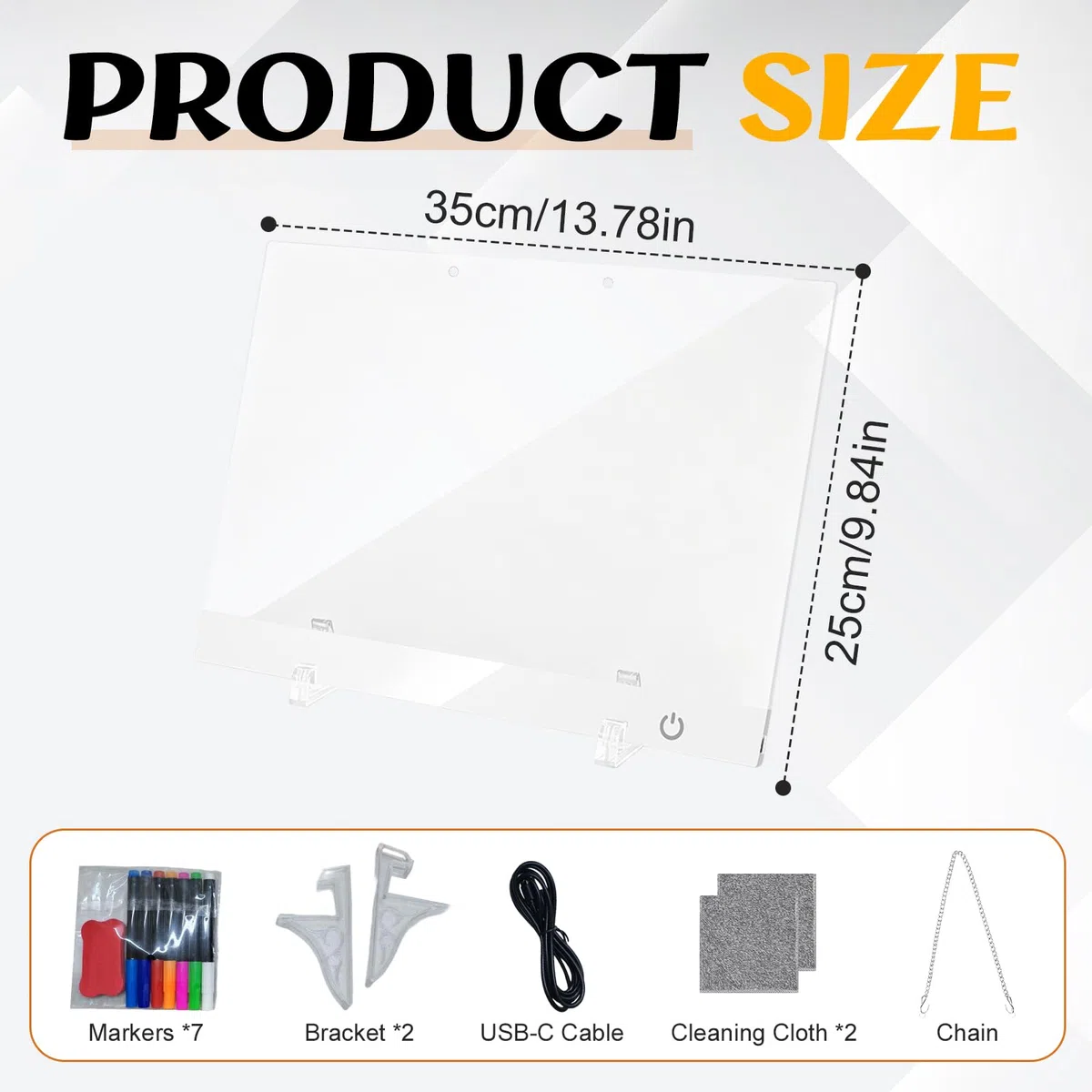 LE-D - Tableau à dessin LED - Rechargeable - 35 x 25 cm - Avec 10 modes d'éclairage - À suspendre - Avec chaîne de suspension et support - 7 couleurs - Cadeau - Blanc