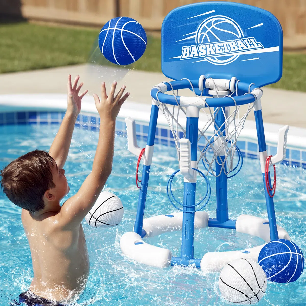 HYES Panier de Basket Flottant pour Piscine, Pool Basketball Hoop, Jouets de Piscine avec 4 Boules 8 Anneaux, Jeu de Basket d'eau en Plein air Intérieur pour Garçons Filles Enfants Adulte, Bleu