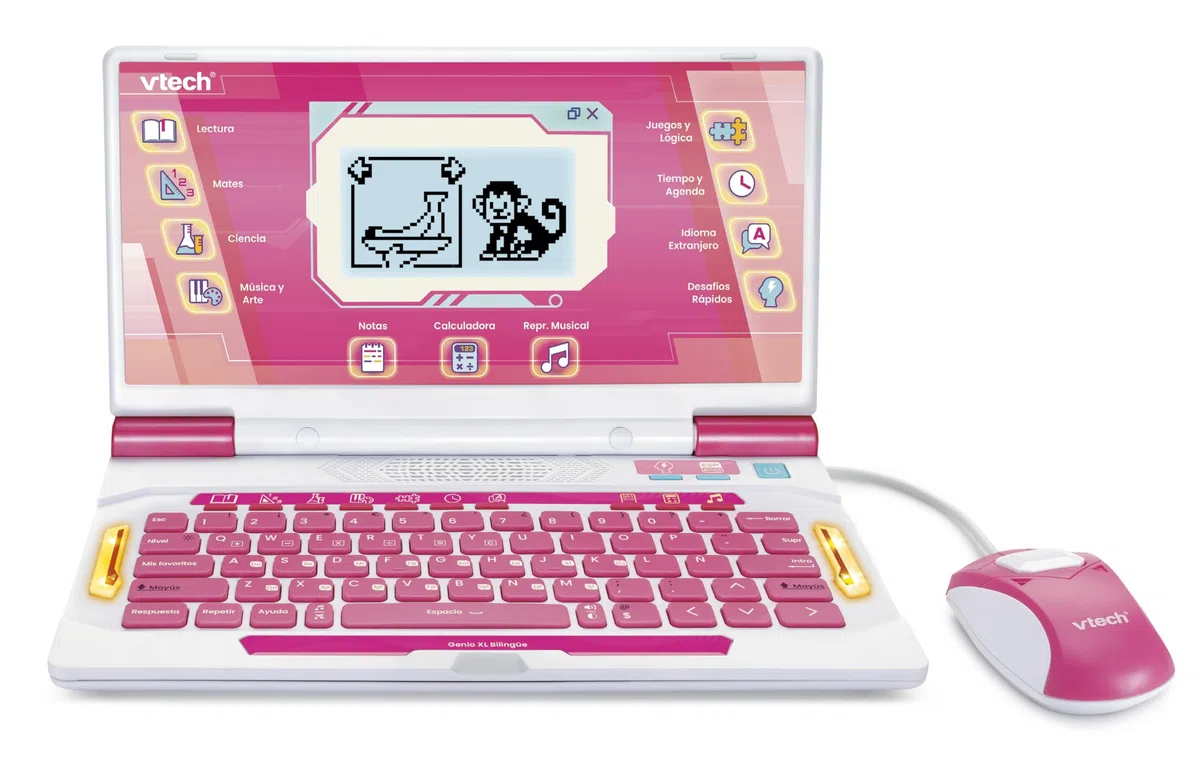 VTech Genio XL bilingue Espagnol-Anglais, Couleur Rose, Ordinateur interactif, Jouets électroniques à partir de 5 Ans, 164 activités éducatives, Clavier QWERTY, Souris, Jeux, Musique, Sciences