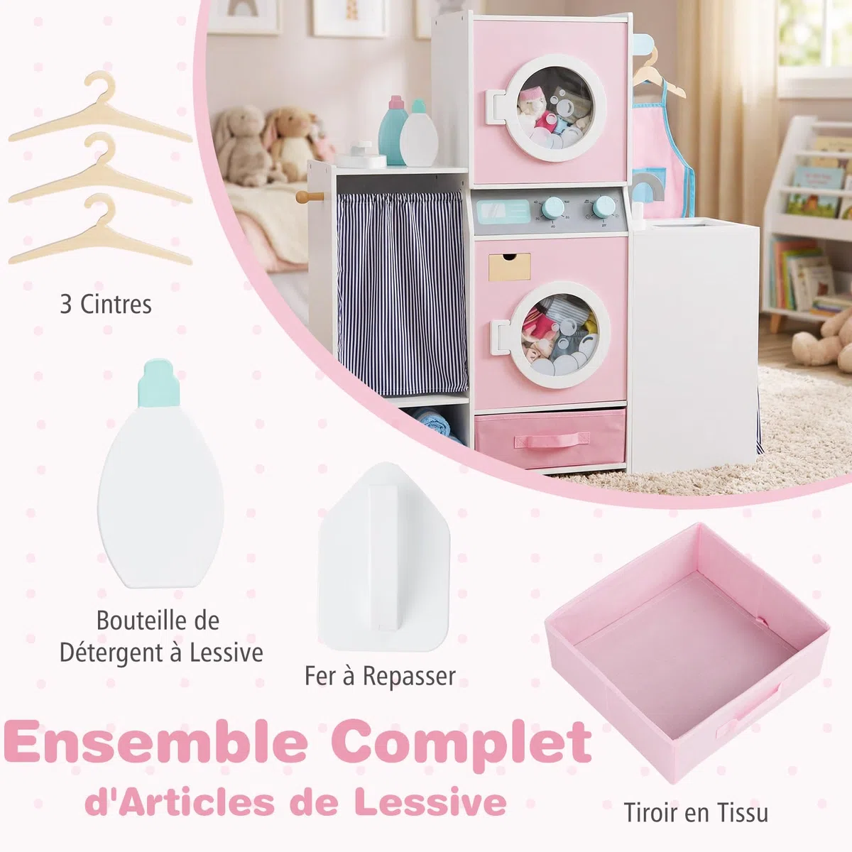 COSTWAY Machine à Laver Enfant avec Fer à Repasser et Lavabo, Buanderie Enfant en Bois avec Tiroir en Tissu Pliable et 3 Cintres, Détergent à Lessive, Jeu de Lave-Linge pour 3 Ans+