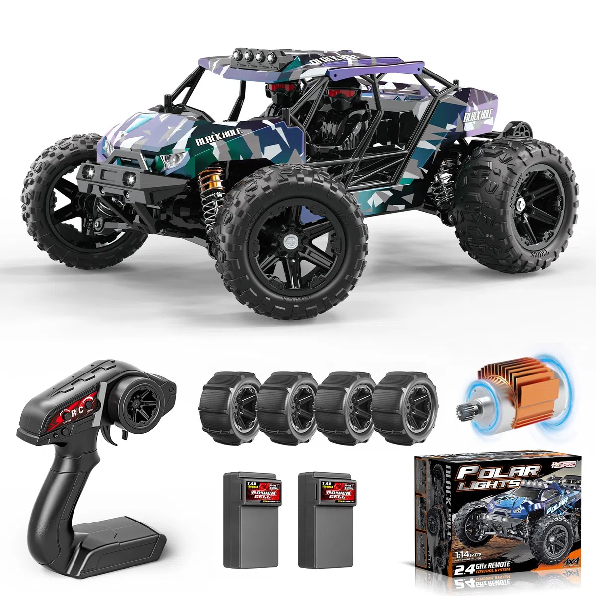 Voiture Télécommandée 1:14 RC Car 4x4 40 km/h pour Adultes et Enfants, Truck Tout Terrain avec 2 Batteries 1300mAh et 2 Jeux de Pneus, Voiture Radiocommandée Compacte Étanche | Camion télécommandé tout-terrain avec 2 batteries de 1300 mAh et 2 jeux de pne