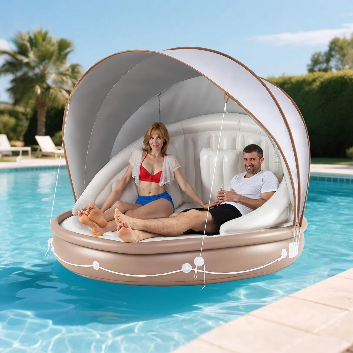 GOPLUS Lit Flottant Gonflable 2-3 Personnes avec Auvent,Ile Gonflable Flottuer Geant pour Piscine,Plage,Terrasse,Charge Max 180 KG,186X186 X 155 CM sans Souffleur