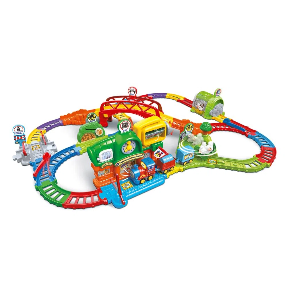 VTech - Tut Tut Bolides Super Circuit Train Éducatif - Circuit Voiture Enfant Électronique avec Adam Train Marchand, 6 Zones Magiques - Cadeau Garçon et Fille de 1 an à 5 Ans - Contenu en Français