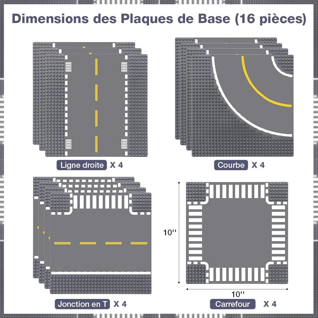 Lekebaby 16 plaques de Base pour la Ville, plaques de Route 100% compatibles avec la Plupart des Marques, 4 Courbes/ 4 jonctions en T/ 4 Droites/4 jonctions