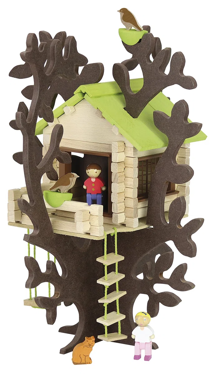 Jeujura - 8075- Jeux de Construction-Cabane Dans les Arbres, Norme | Personnages et animaux inclus - Valisette de rangement - Jeu en bois enfant - Imagination - Fabriqué en France