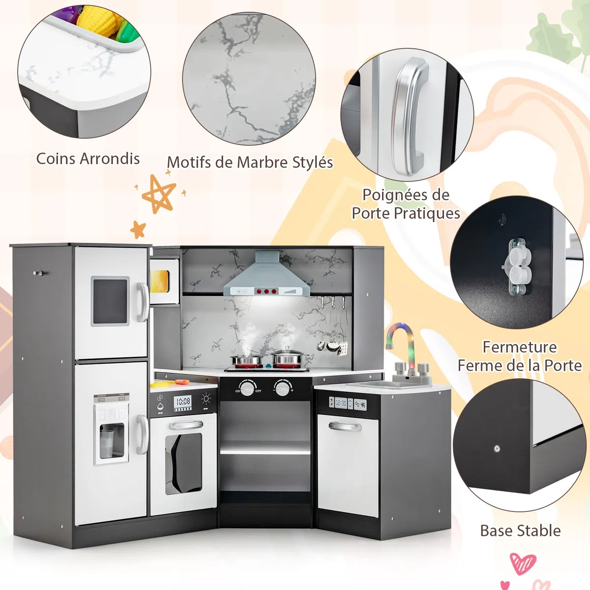 GOPLUS Cuisine en Bois Enfant, Cuisine d'angle avec Tableau Noir, Hotte, Micro-Ondes, Four, Effets Lumineux et Sonores, Accessoires Riches, Jouet d'Imitation pour Enfant 3+ Ans (Café)