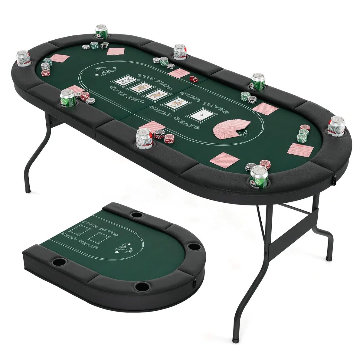 COSTWAY Table de Poker Pliable 182 cm pour 8 Joueurs, de Jeu de Cartes Avec Porte-gobelets en Métal & Rails Rembourrés, de Casino pour Salle de Jeux, Maison