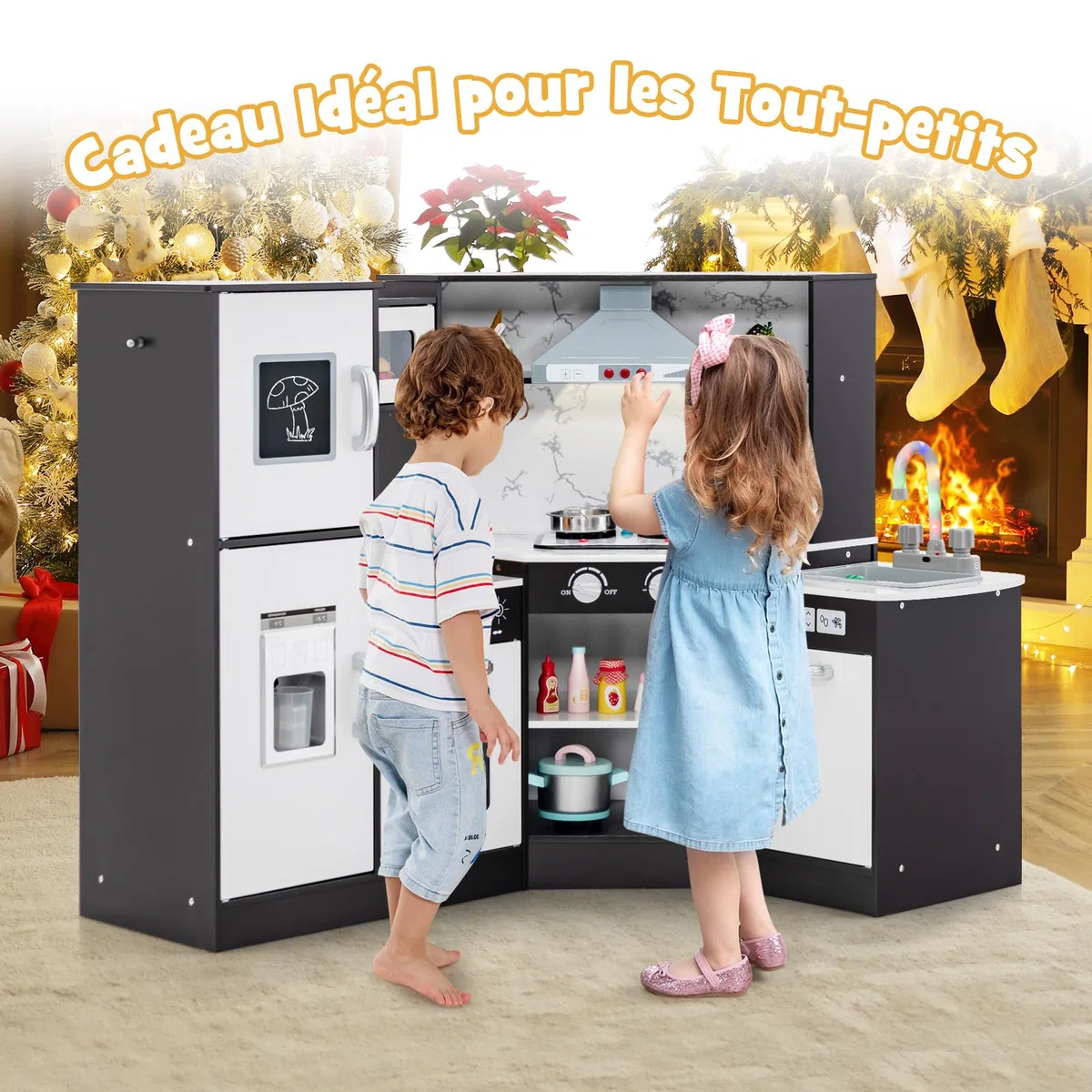 GOPLUS Cuisine en Bois Enfant, Cuisine d'angle avec Tableau Noir, Hotte, Micro-Ondes, Four, Effets Lumineux et Sonores, Accessoires Riches, Jouet d'Imitation pour Enfant 3+ Ans (Café)