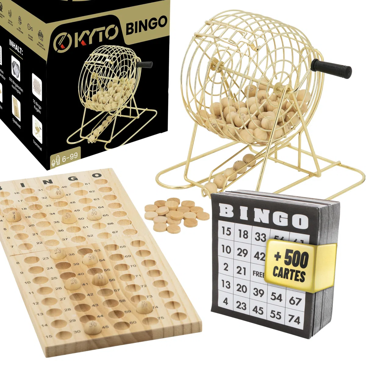 Kyto Grand Jeu de Bingo doré en métal avec 150 jetons, 75 balles de Bingo et Plateau de Jeu en Bois, 18 Cartes de Bingo Stables + 500 Cartes de Bingo en Papier pour Adultes et Enfants