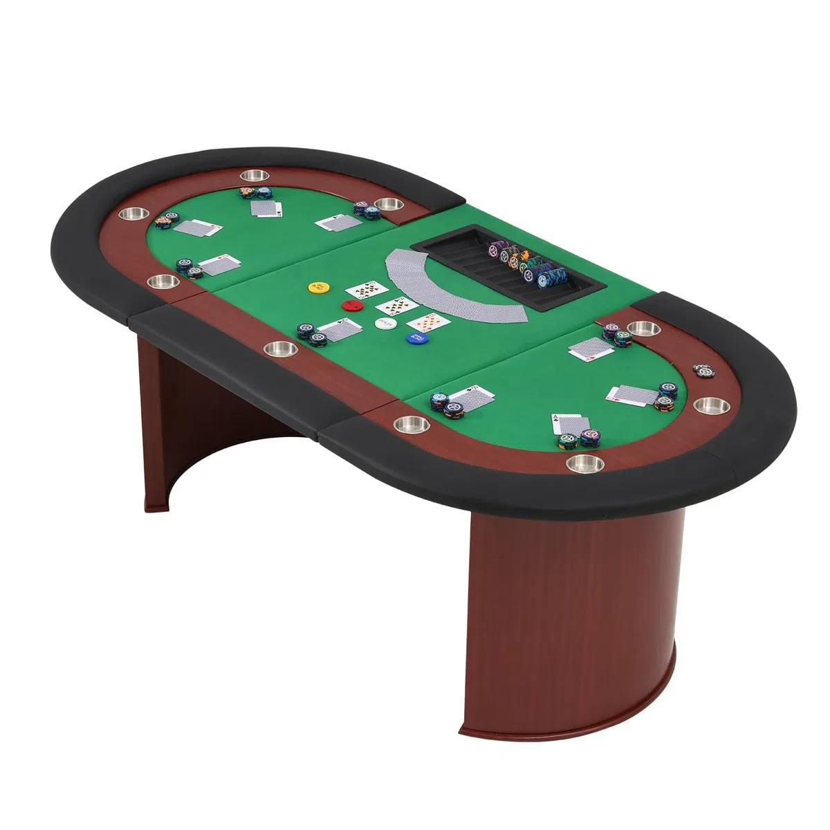 AVAWING Table de poker pour 10 joueurs, table de jeu avec 9 porte-gobelets, plateau à puce amovible et repose-bras rembourré, marron et vert
