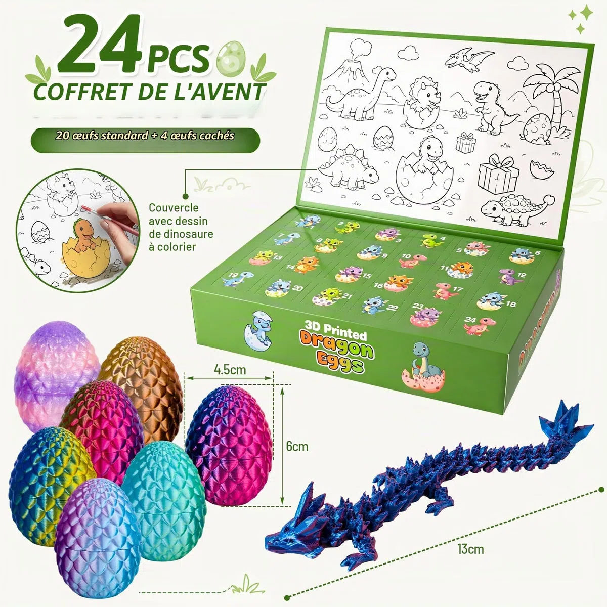 Calendrier de l’Avent Dinosaure 2026, 24 Œufs de Dragon 3D avec Figurines Articulées, 20 Modèles + 4 Cachés Lumineux, Jouet Créatif Cadeau Noël Enfant