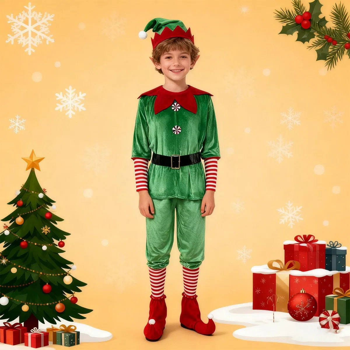 Generisch Costume de Père Noël pour enfants : chemisier, pantalon, bonnet, couvre-bottes – Parfait pour les garçons adolescents, pour le cosplay, les spectacles de réunions de famille.