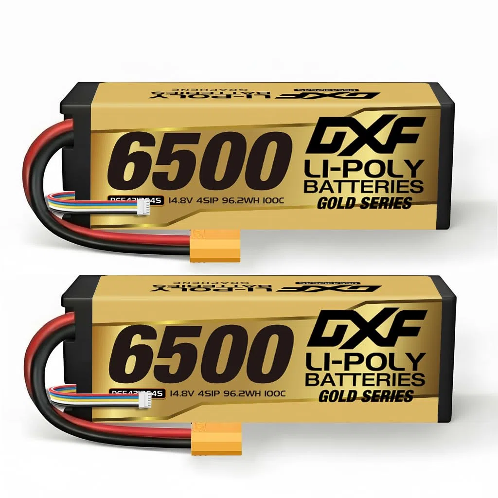DXF Batterie LiPo 4S 6500mAh 100C 14.8V Prise XT90 Lot de 2 Boîtier Rigide pour Voiture RC 1/8 1/10 Camion Buggy Truggy Course Hobby Haute Décharge Rechargeable Polymère Lithium
