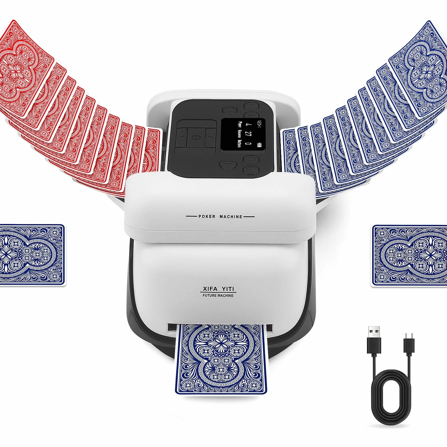 Mélangeur et Distributeur Automatique de Cartes Tout-en-Un, 5 Modes intelligents, dés intégrés, Rechargeable, Compatible avec Les Cartes de Poker, Blackjack et UNO pour 2 à 8 Joueurs