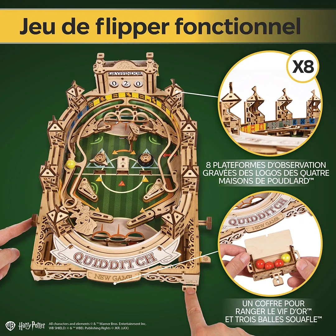 Ugears Machine Flipper Quidditch 3D Puzzle - Harry Potter Puzzles 3D en Bois pour Adultes - Kit DIY avec Flippers Fonctionnels - Kits de Modèles Mécaniques en Bois Fête des Pères - 402 Pièces