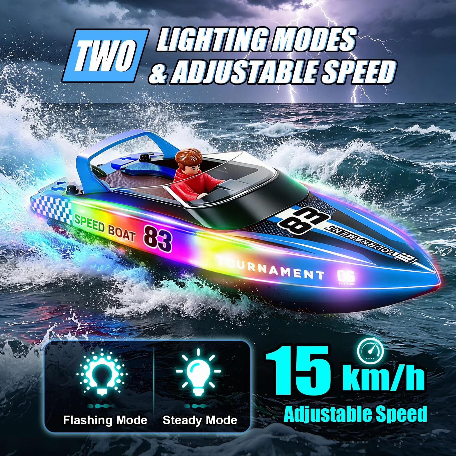 YOOHBERRYS Bateau Télécommandé 2 Pièces, 2,4 GHz Bateau Telecommandé Enfant, Bateau de Course RC 15+ km/h avec Lumière LED pour Piscines et Lacs (2PCS)
