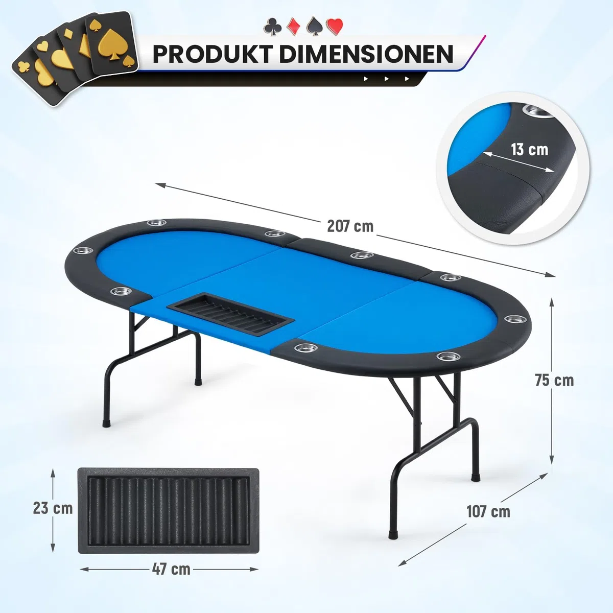 AVAWING Table de poker pliable pour 9 joueurs, table de jeu avec porte-gobelet en acier inoxydable, table de poker