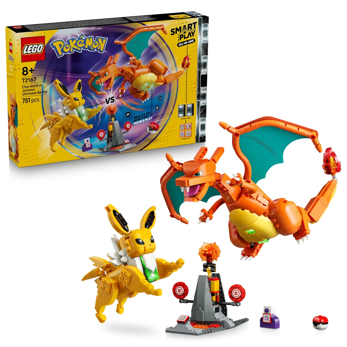 LEGO Pokémon Smart Play : Le Combat Ultime Entre Dracaufeu et Voltali - Jouet Tout-en-Un Interactif avec 2 Smart Briques, 4 Tags, 1 Chargeur & 2 Pokémon – Idée Cadeau Garçon ou Fille dès 8 Ans 72167