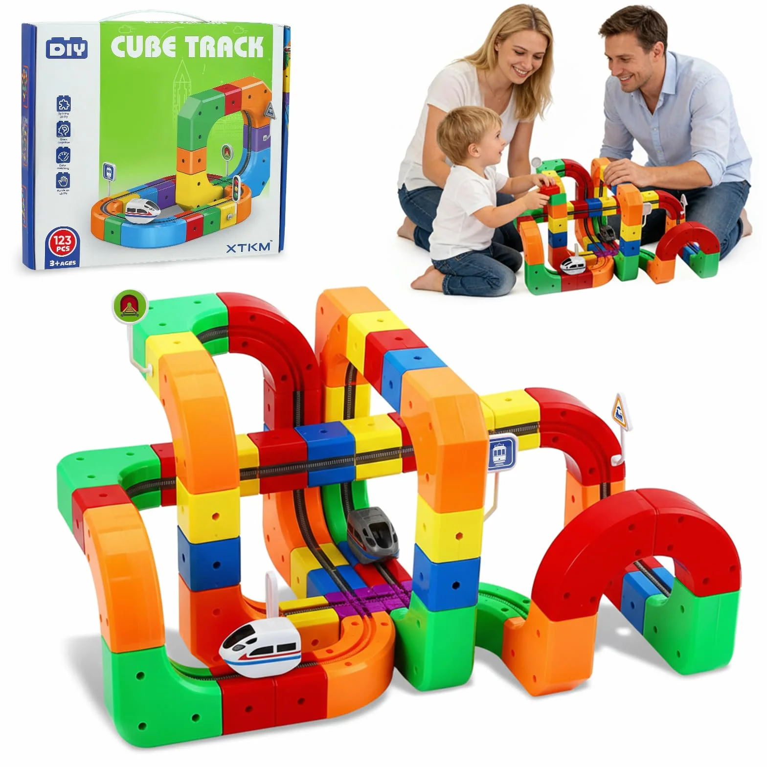 Ensemble de Train Cube Magique 123 pièces, Ensemble de Train électrique, mises en Page 3D intégrées, Piste de Course Flexible, Jouet de Construction de Voiture motorisé défiant la gravité