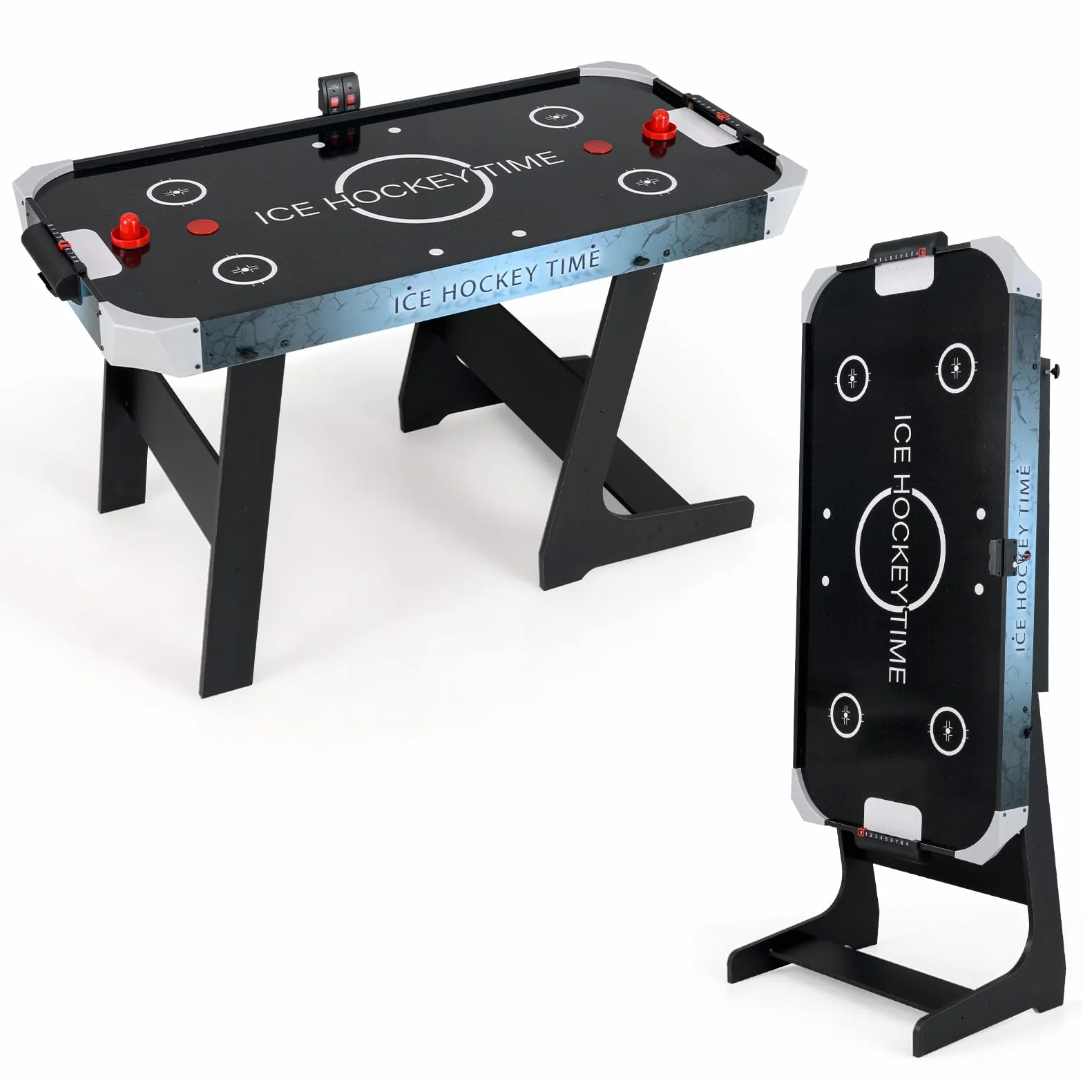 COSTWAY Table de Hockey à Air Pliable avec Marqueur Électronique LED & Ventilateur 12V, Table de Jeu Compact de 144cm avec 2 Palets & 2 Poussoirs, Air Hockey pour Adultes et Enfants