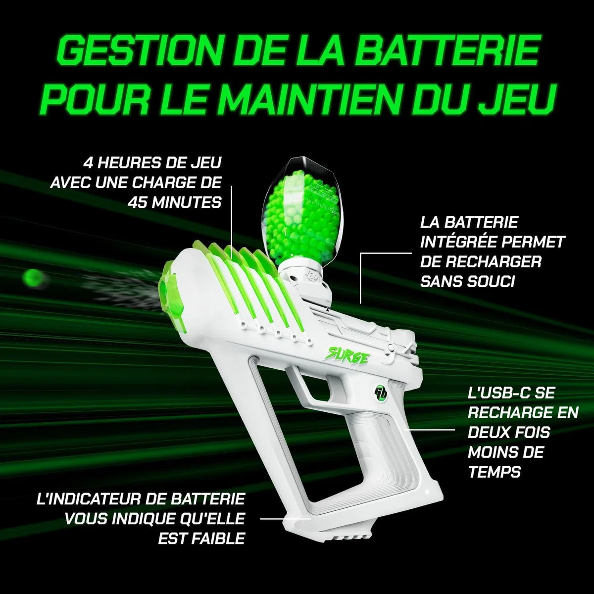 Gel Blaster The Original Surge - Blaster à Billes de Gel Haute Performance | Modes Semi-et Automatique | 10 K de Tours, portée de 30 mètres | Autonomie de la Batterie de 4 Heures | À partir de 14 Ans