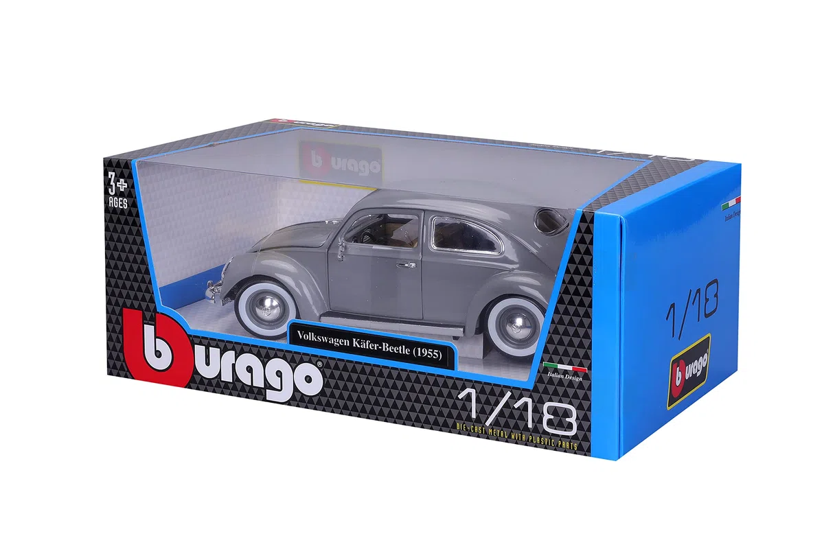 Bburago – 1/18 Volkswagen Coccinelle KAFER Beetle 1955 – Voiture Miniature Grise de Collection en métal – Véhicule rétro réaliste pour Enfants dès 3 Ans – 12029G