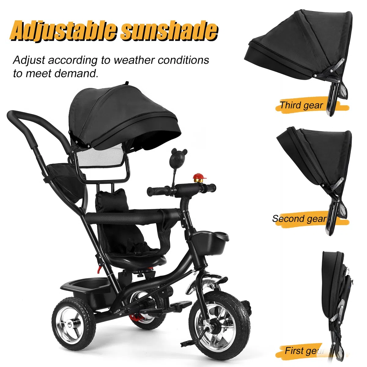 HUOLE Tricycle Enfant Évolutif 4 en 1, Tricycle Bébé Évolutif avec Siège Réversible, Poignée de Poussée Réglable, Canne, Cloche, Rétroviseurs, Harnais de Sécurité pour Enfants 9 Mois à 5 Ans (Noir)