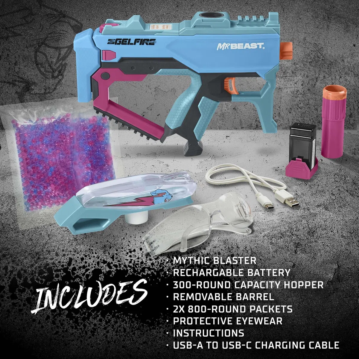 Nerf Pro Gelfire X MrBeast Blaster, 1600 Gelfire Rounds, 300 Round Hopper, Batterie Rechargeable, Lunettes