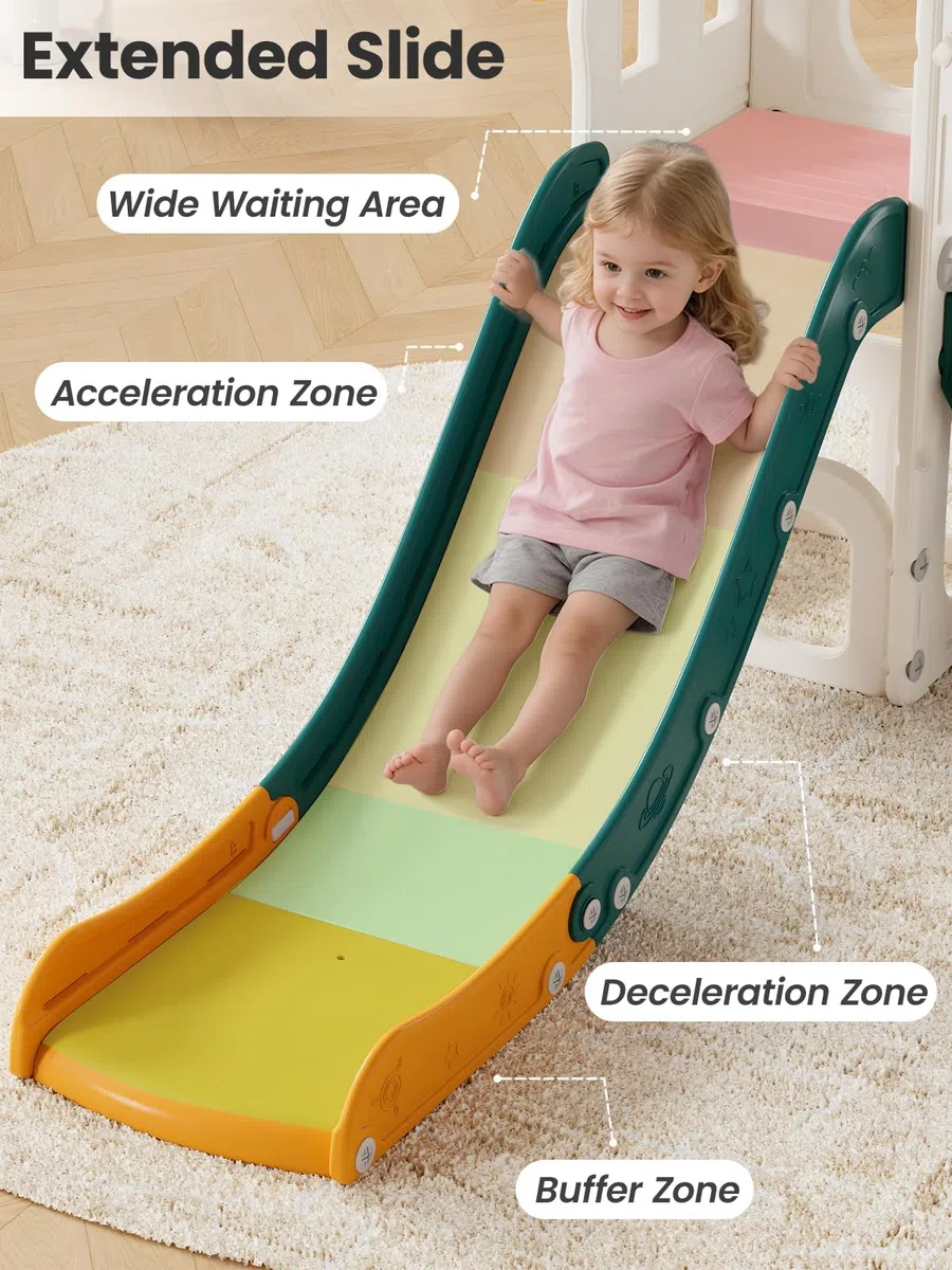 Toboggan pour Enfants avec Panier de Basket, Ballon & Télescope Jouet, Aire de Jeu Intérieure et Extérieure pour Tout-Petits et Préscolaires(Vert)