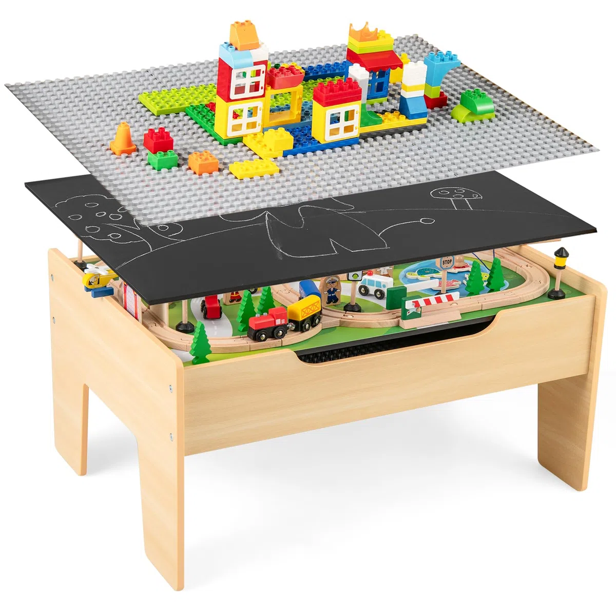 GOPLUS 100Pcs Table Circuit de Train Enfant en Bois, 2 en 1 Table Rail de Train Enfants 3 + Ans Pistes Tiroir de Rangement, pour Garçons et Filles 3 Ans+ (79x51x15CM|100 PCS)