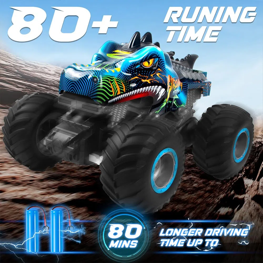 Voiture Telecommandé 1:16 RC Dinosaures Monster Truck 2.4GHz 20 Km/h Voiture Radiocommandée Tout Terrain Brume de Pulvérisation Musique Lumières LED Cadeau Les Enfants de 4 5 6 8 Ans Rouge