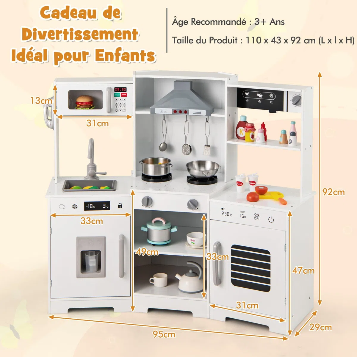 DREAMADE Cuisine d'angle pour Enfants 3+ Ans, Cuisine en Bois avec Sons & Lumières, Téléphone, Micro-Ondes, Cafetière, Machine à Glaçons & Four, Cuisine de Jeu en Bois avec Accessoires (Blanc)