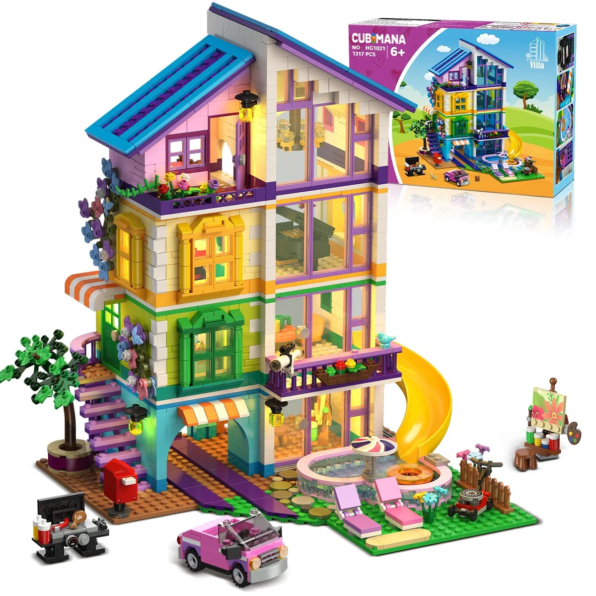 CUBIMANA Friends Maison de Filles avec Lumière LED pour Enfant de 6+ Ans | Kit de Construction Fille avec Voiture et Piscine, 1317PCS Maison Jeu de Rôle, Cadeau Noël Anniversaire pour Fille Garçon