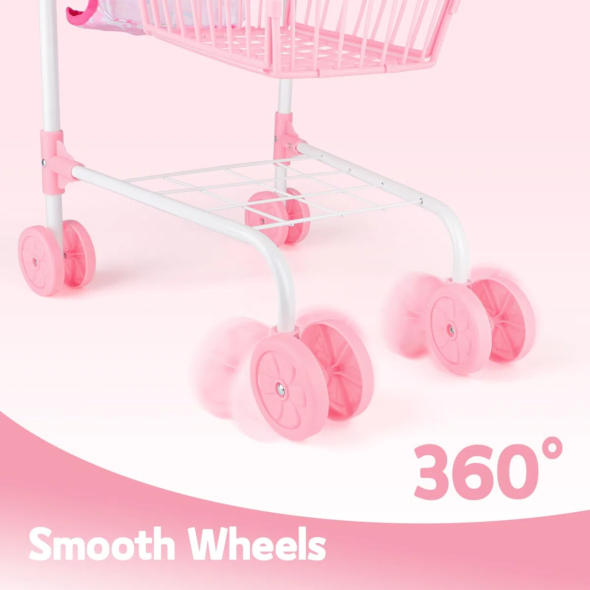 deAO Chariot de Courses pour Enfants 3 Ans+, Caddie Jouet avec Siège pour Poupée, 31 Aliments Jouets Billets Argent, Sac à Provisions, Jeu de Rôle Magasin, Cadeau Enfant Rose