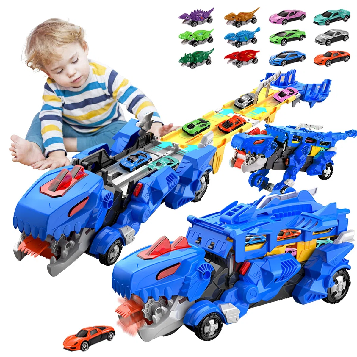 Dinosaure Transport Truck Jouet Voitures avec 12 Mini Voitures, 3 en 1 Camion de Course Pliable Portable Double Couche, Cadeau Enfants pour Les Enfants de 3 à 8 Ans
