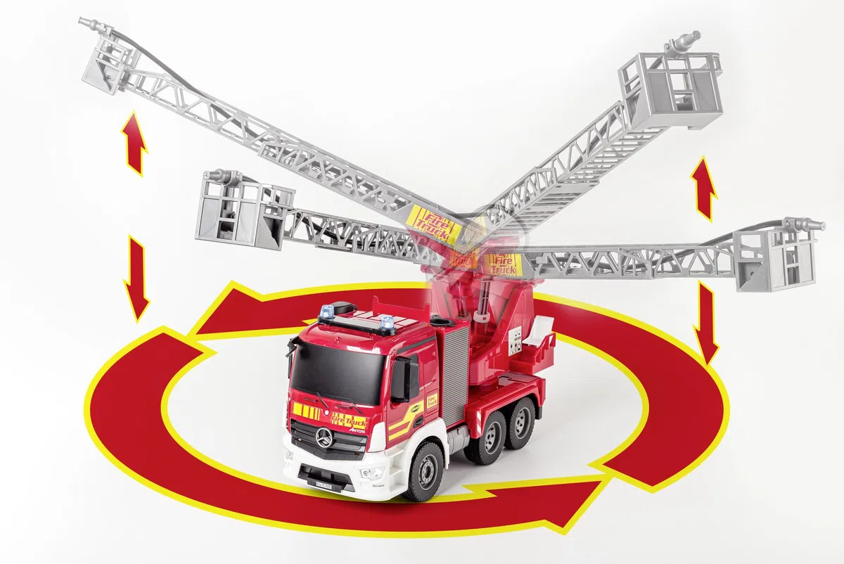 Carson 500907670 1:20 MB Pompiers avec échelle pivotante 100% RTR - Véhicule radiocommandé, Fonction Jet d'eau, Piles et radiocommande incluses, RC Pompiers