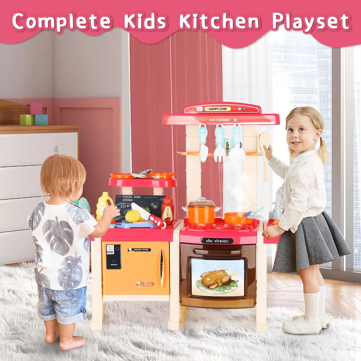 deAO Kit Cuisine pour Enfants,avec Ustensiles De Cuisine,Lumière,Son,Eau,Vapeur D’Eau Imitant La Cuisson,Cuisine Enfant 2 Ans,Taille 78x28x70CM