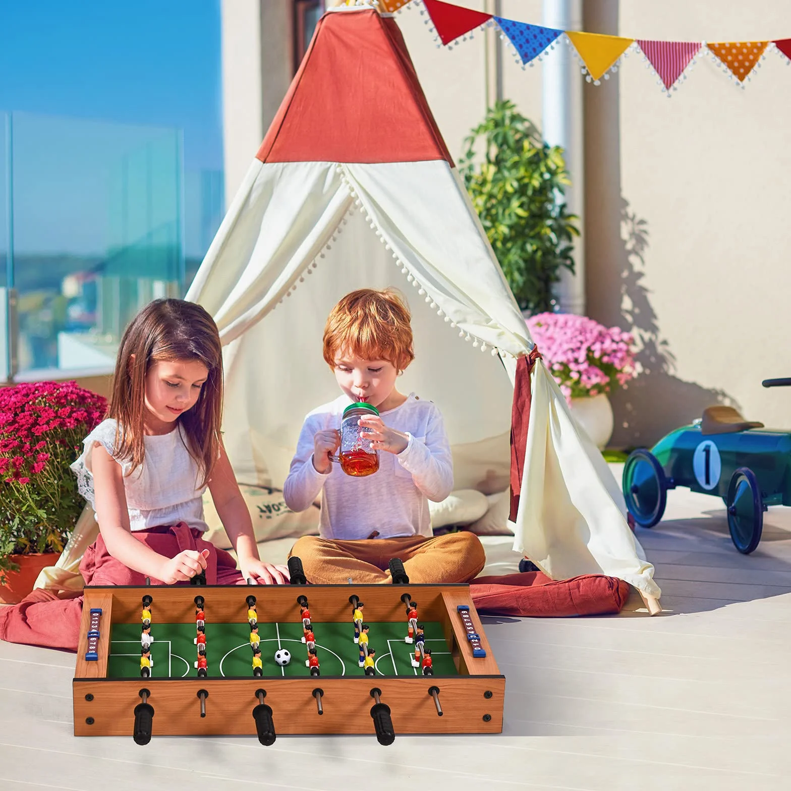 HOMASIS 2 en 1 Table Multijeux en Bois pour Enfant, Baby-Foot, Air Hockey de Table, Table de Jeu de Football pour la Maison, Le Bar, Le Bureau, pour Enfants de 4 Ans+